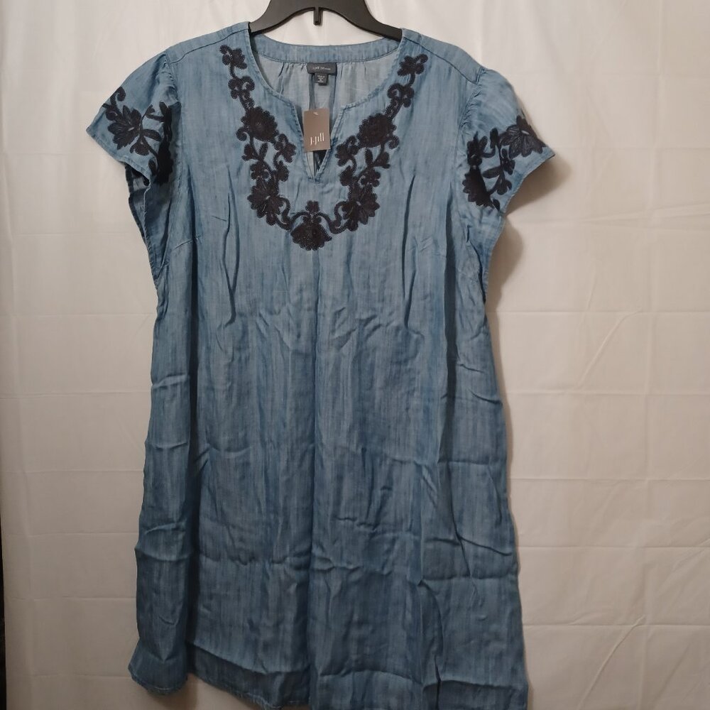 J.JILL DENIM EMBROIDERED INDIGO FLUTTER SLEEVE DRESS NANTUCKET WASH SIZE XLP